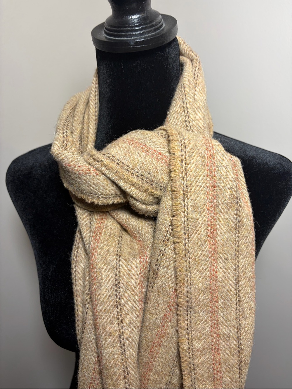 Vintage Yves Saint Laurent Wool Beige Striped Fringe Scarf with Rust Accents